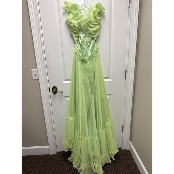 Mac Duggal Size 8 Green 67911 Ruffled Tiered Cut Out Chiffon Gown Dress Prom New - Picture 8 of 10